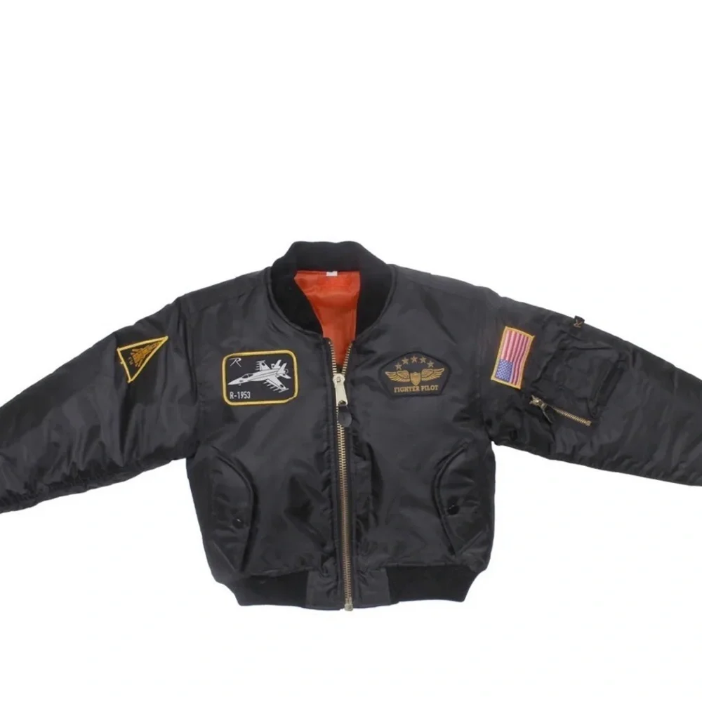 Black Bomber Jacket with Patches Kids Medium